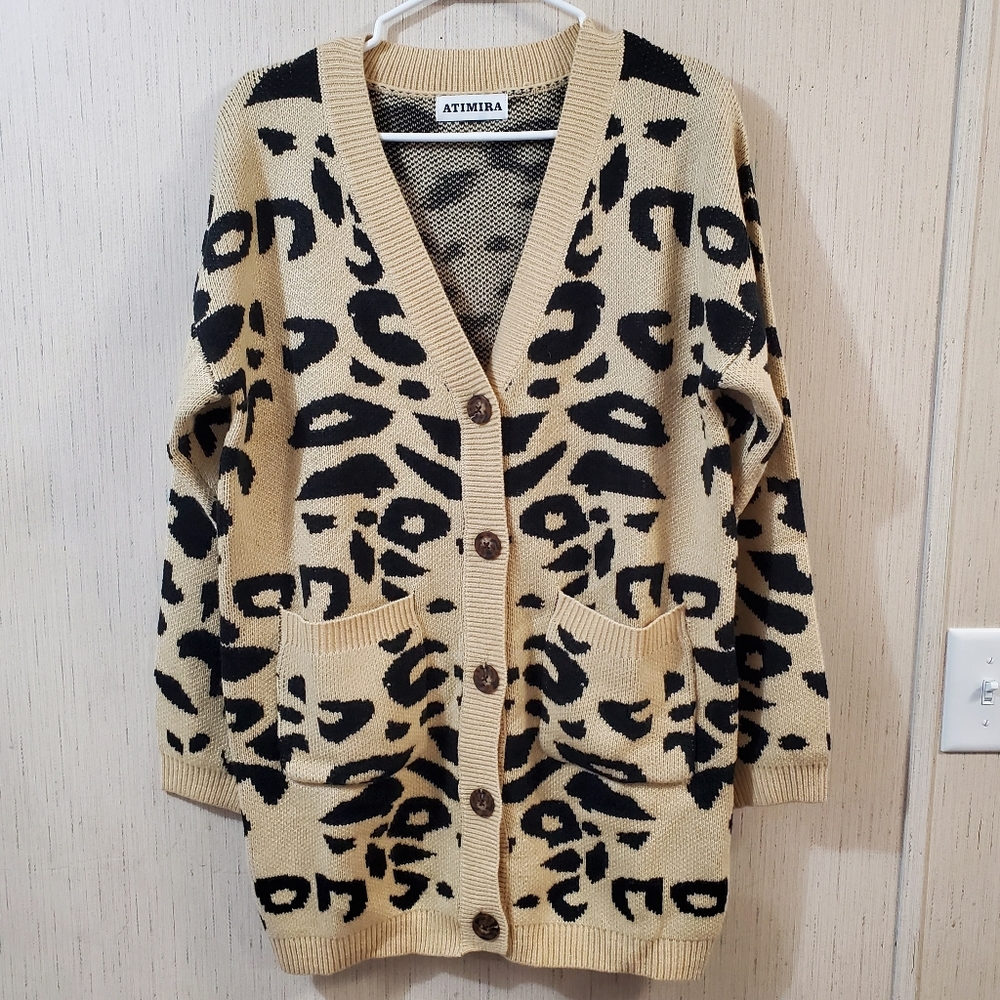 SOLD Atirmira Cardigan Sweater Women's Button Up Leopard Print Thigh Length M